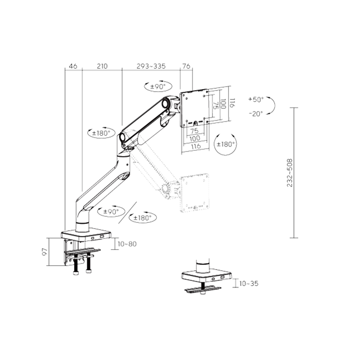 Настольный кронштейн с газлифтом Brateck LDT74-C012 для 1 монитора (17"-49")