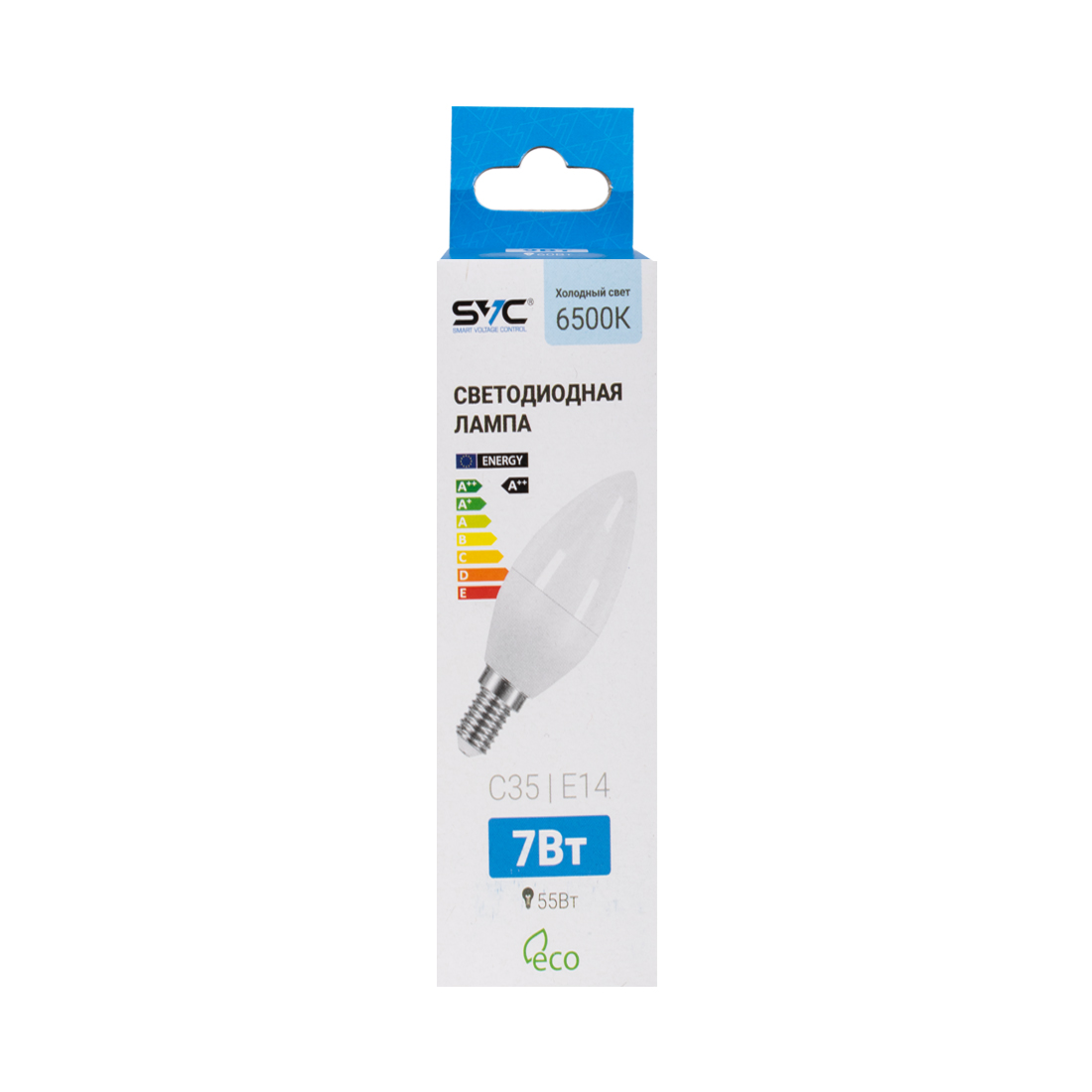 Лампа светодиодная SVC LED C35-7W-E14-6500K Свеча Холодный